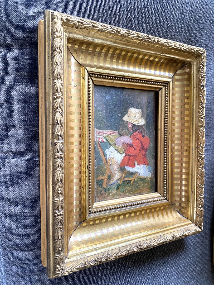 Jane Dubaut. « Artiste en herbe ».  Fillette peignant.  Huile sur carton.  Début XXème. -photo-4