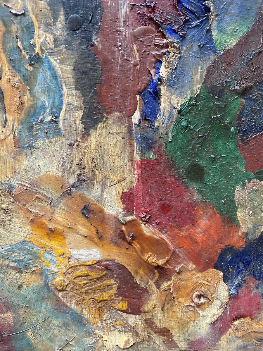 Palette de peintre milieu XXème. Huile sur panneau de bois découpé. -photo-2