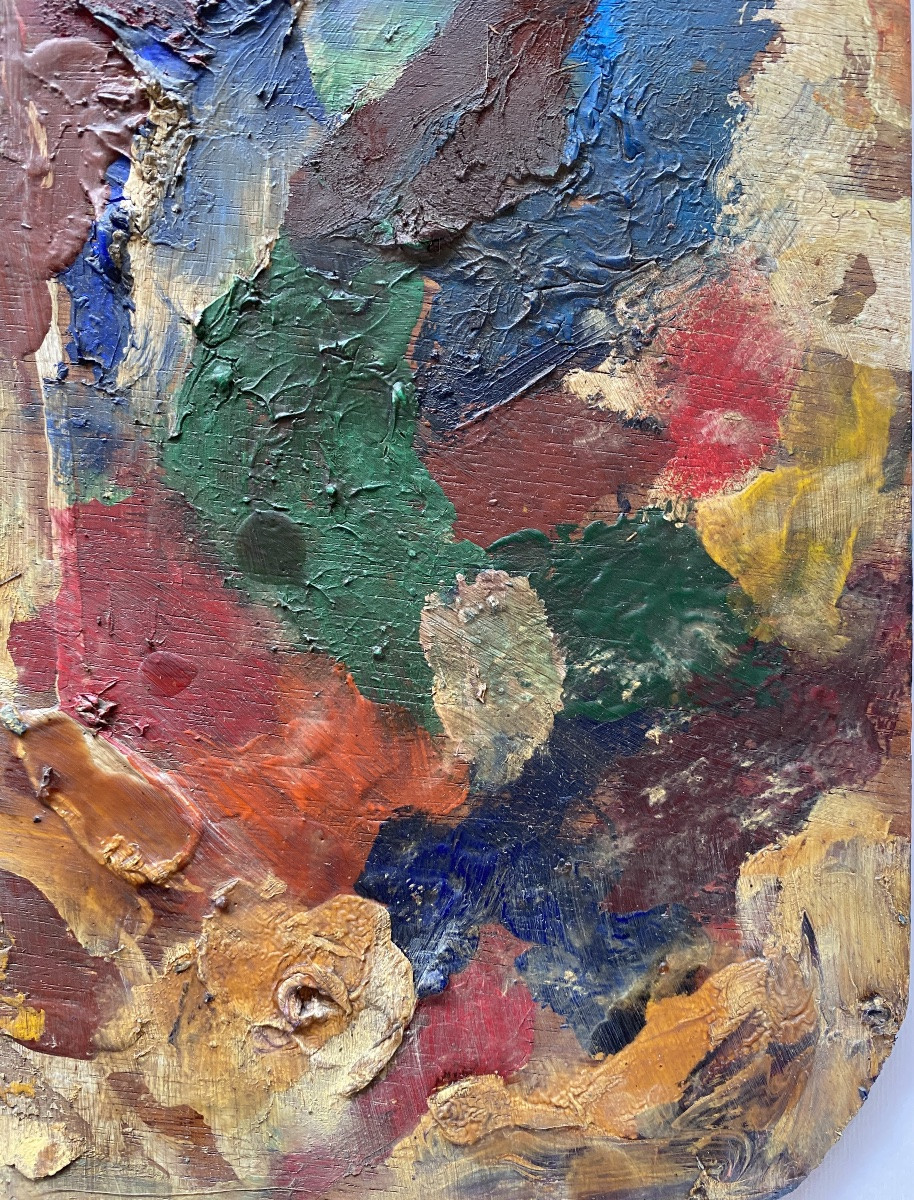 Palette de peintre milieu XXème. Huile sur panneau de bois découpé. -photo-3