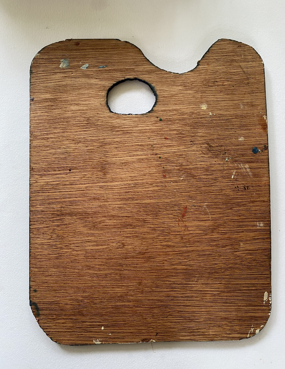 Palette de peintre milieu XXème. Huile sur panneau de bois découpé. -photo-4