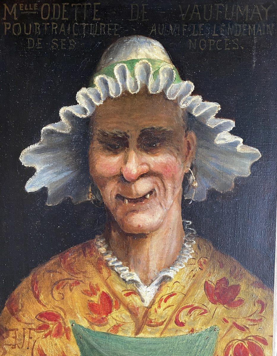 « Portrait de Melle Odette de Vaufumay ». Huile sur toile XIXème. Caricature. Grotesque.  -photo-2