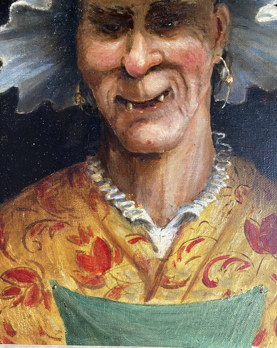 « Portrait de Melle Odette de Vaufumay ». Huile sur toile XIXème. Caricature. Grotesque.  -photo-3