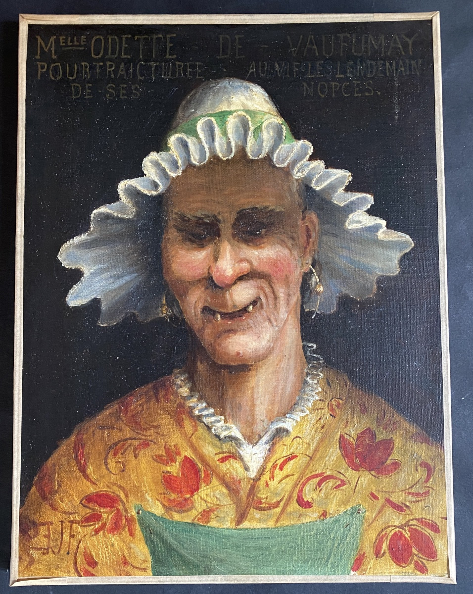 « Portrait de Melle Odette de Vaufumay ». Huile sur toile XIXème. Caricature. Grotesque.  