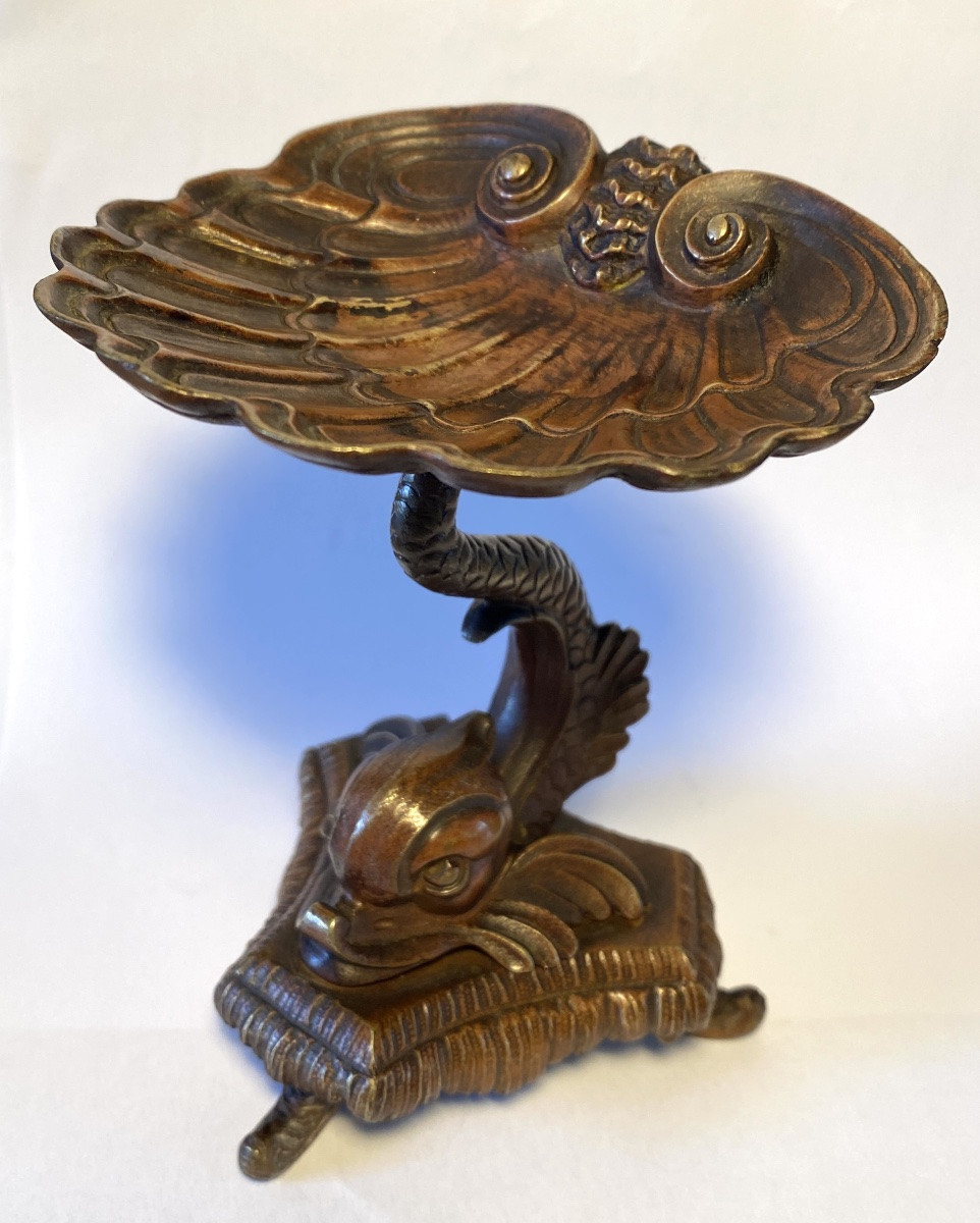 Ring Holder. 19th Bronze Pocket Emptier With Brown Patina. Marine Decor. Dolphin And Shell. -photo-2