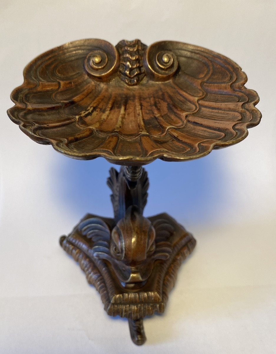 Ring Holder. 19th Bronze Pocket Emptier With Brown Patina. Marine Decor. Dolphin And Shell. -photo-3