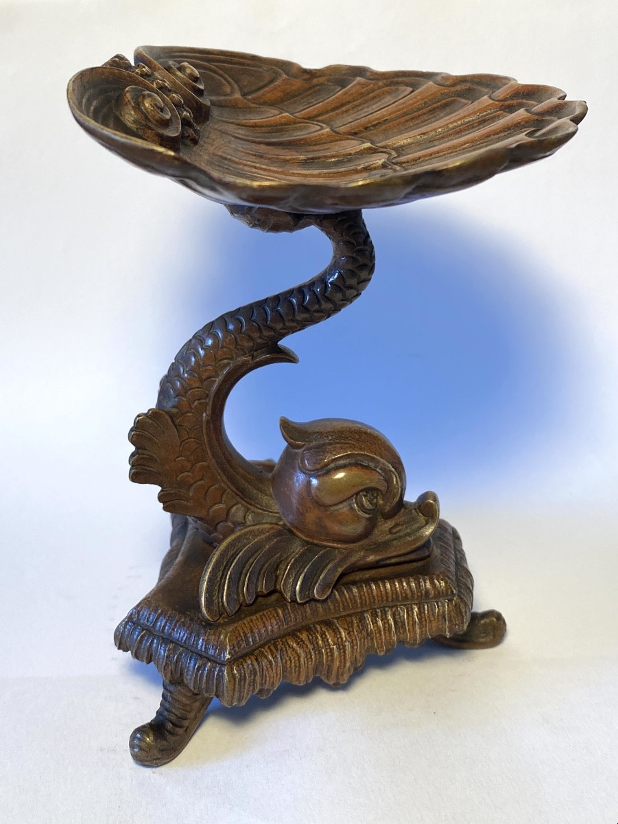 Ring Holder. 19th Bronze Pocket Emptier With Brown Patina. Marine Decor. Dolphin And Shell. -photo-4