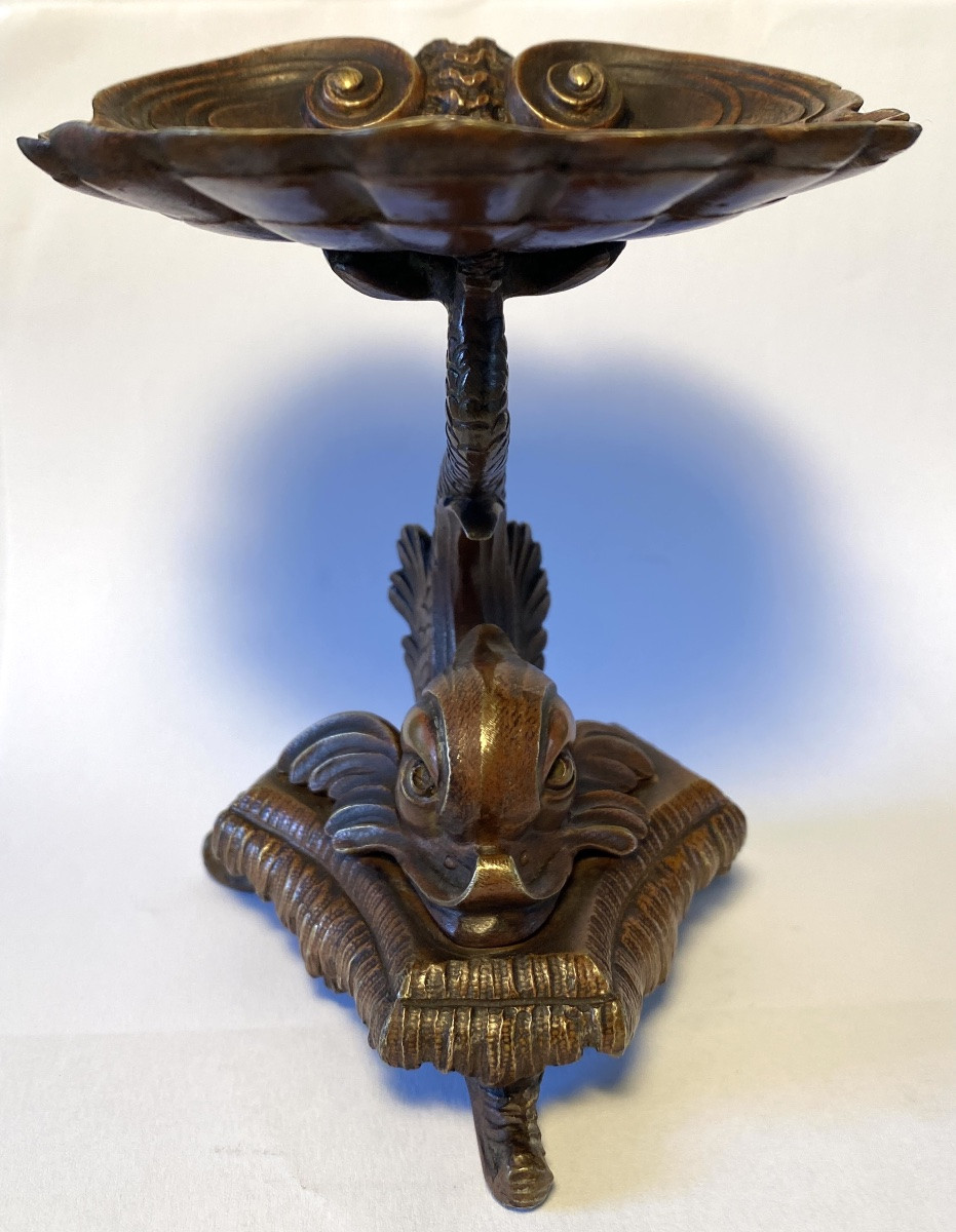 Ring Holder. 19th Bronze Pocket Emptier With Brown Patina. Marine Decor. Dolphin And Shell. -photo-1