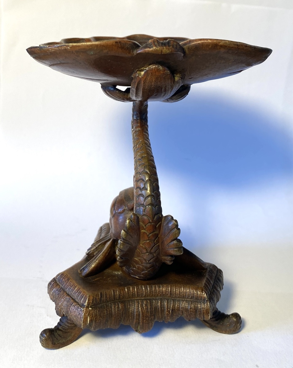Ring Holder. 19th Bronze Pocket Emptier With Brown Patina. Marine Decor. Dolphin And Shell. -photo-2