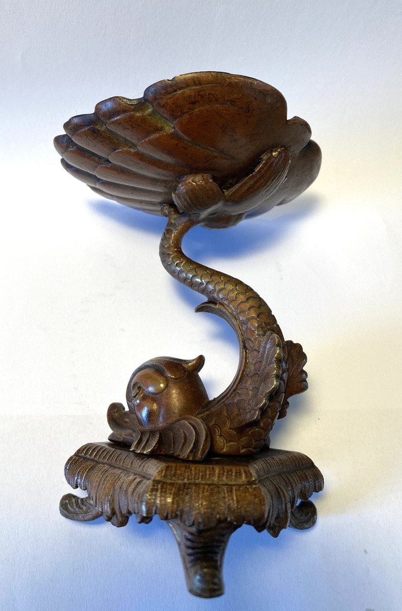 Ring Holder. 19th Bronze Pocket Emptier With Brown Patina. Marine Decor. Dolphin And Shell. -photo-4