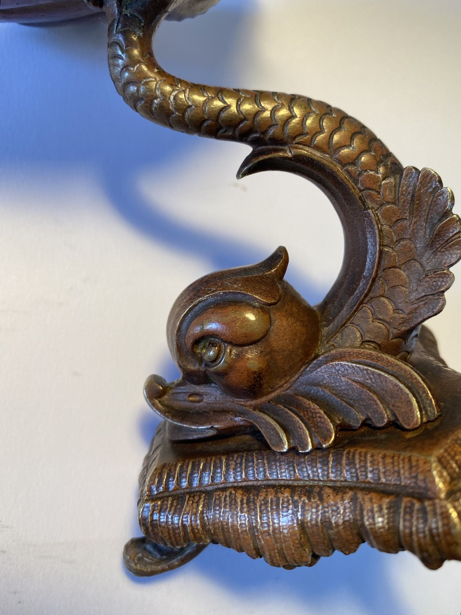Ring Holder. 19th Bronze Pocket Emptier With Brown Patina. Marine Decor. Dolphin And Shell. -photo-5