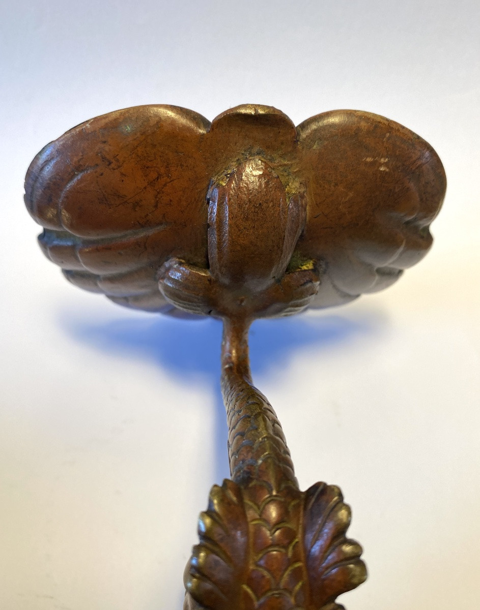 Ring Holder. 19th Bronze Pocket Emptier With Brown Patina. Marine Decor. Dolphin And Shell. -photo-7