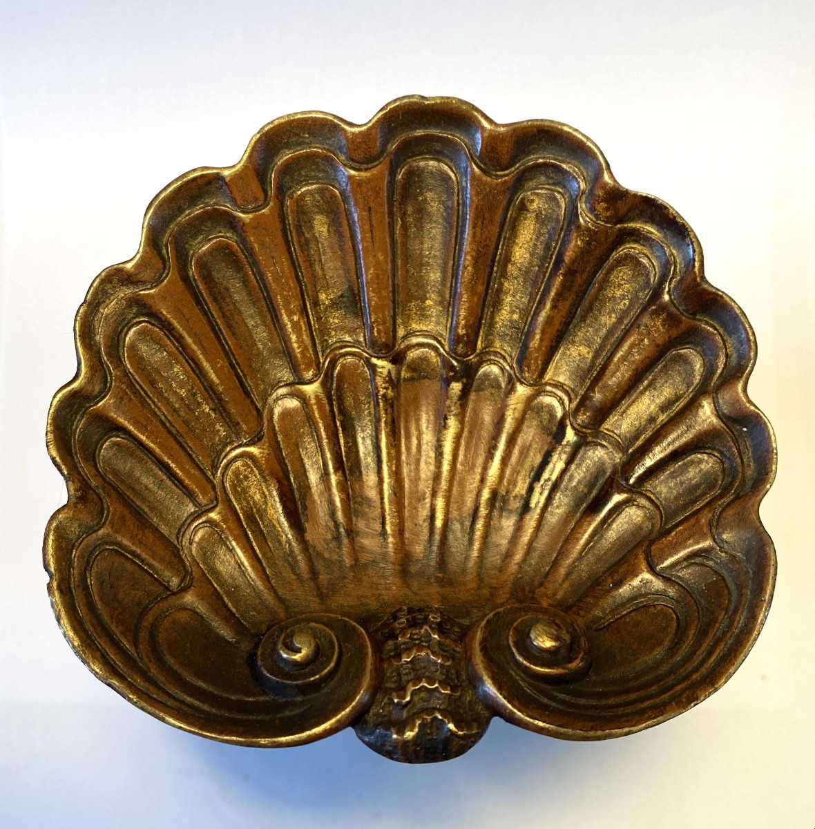 Ring Holder. 19th Bronze Pocket Emptier With Brown Patina. Marine Decor. Dolphin And Shell. -photo-8