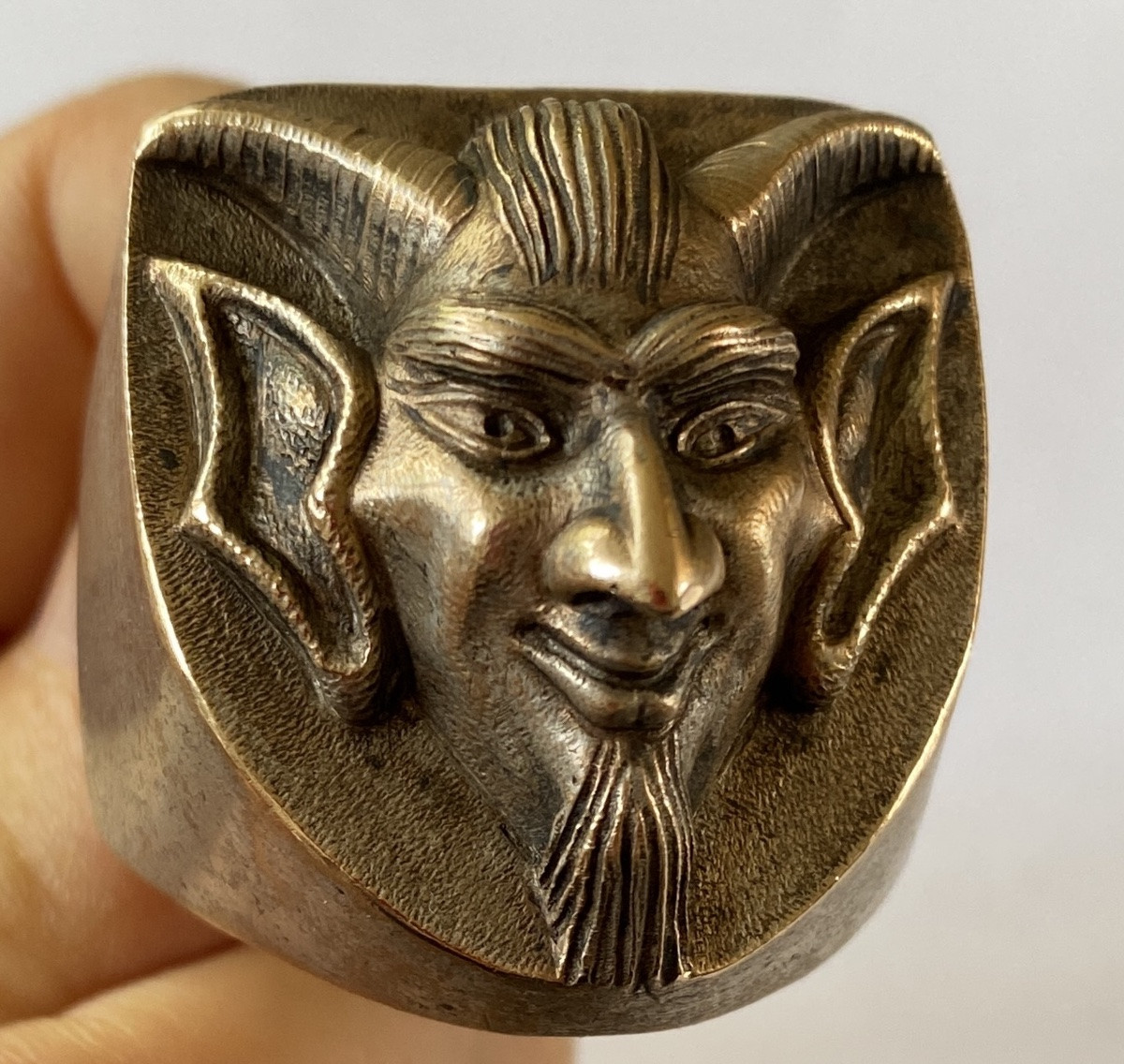 Satanic Men's Ring In Silver-plated Bronze, 19th Century. 1874. Devil. Esotericism.-photo-6