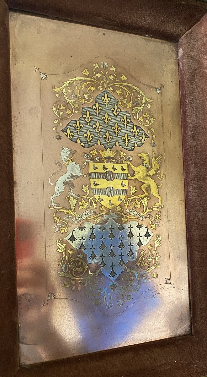 Gouyon-matignon Coat Of Arms. Engraved Copper Plate, Gold And Silver. A. Briend 1882. Brittany.-photo-2