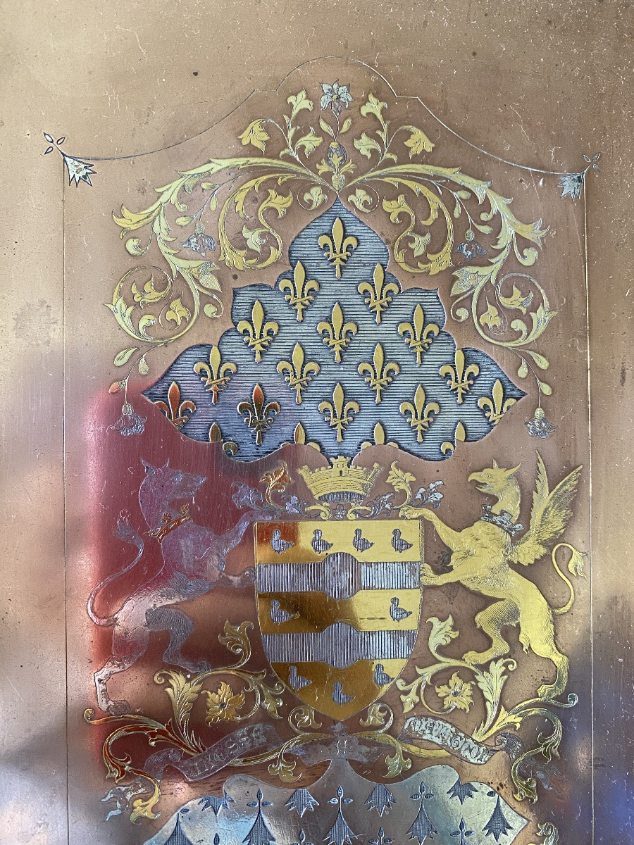 Gouyon-matignon Coat Of Arms. Engraved Copper Plate, Gold And Silver. A. Briend 1882. Brittany.-photo-3