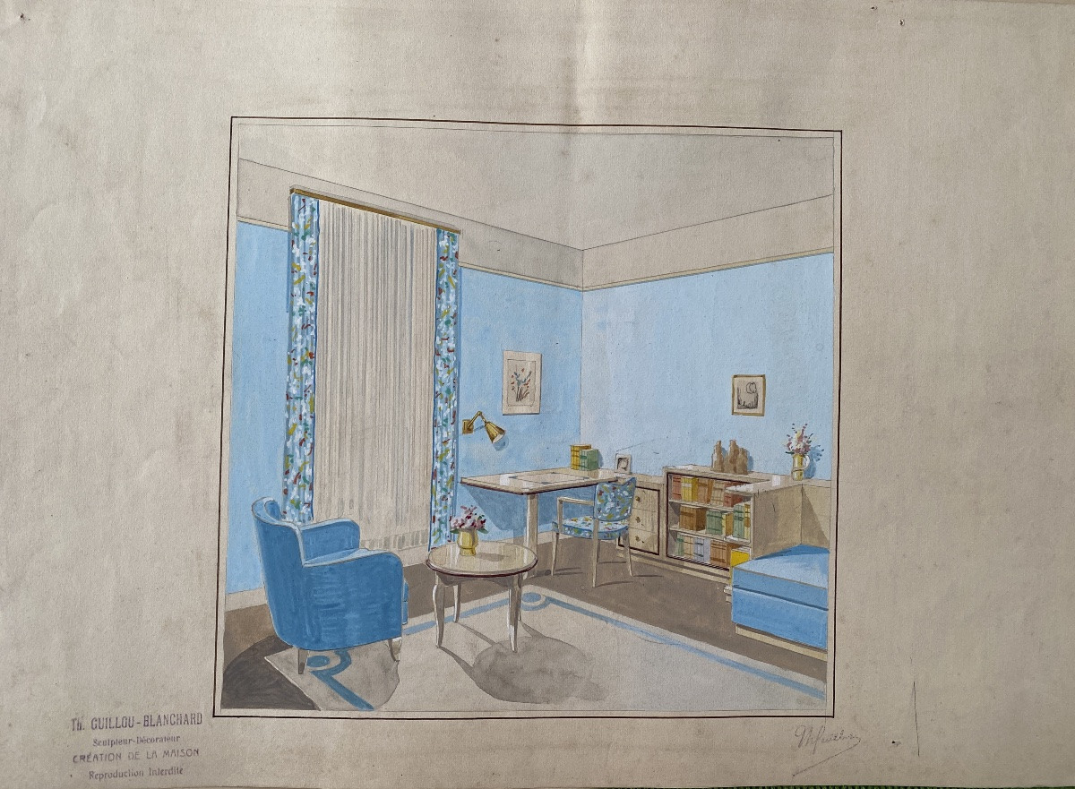 Ensemble de cinq projets d’architecture intérieure. Gouache. Th. Guillou-Blanchard. Début XXème-photo-2