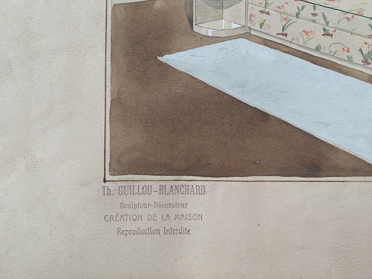 Ensemble de cinq projets d’architecture intérieure. Gouache. Th. Guillou-Blanchard. Début XXème-photo-3