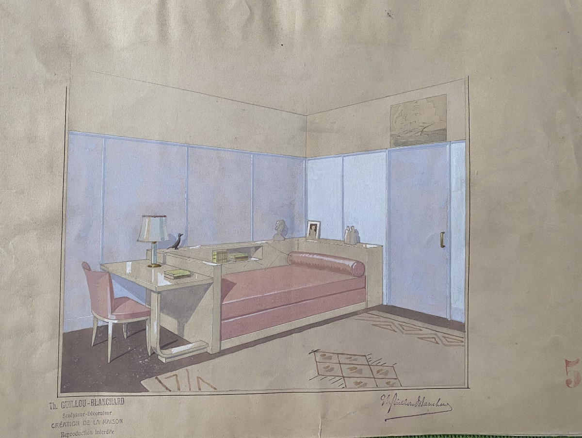 Ensemble de cinq projets d’architecture intérieure. Gouache. Th. Guillou-Blanchard. Début XXème-photo-4