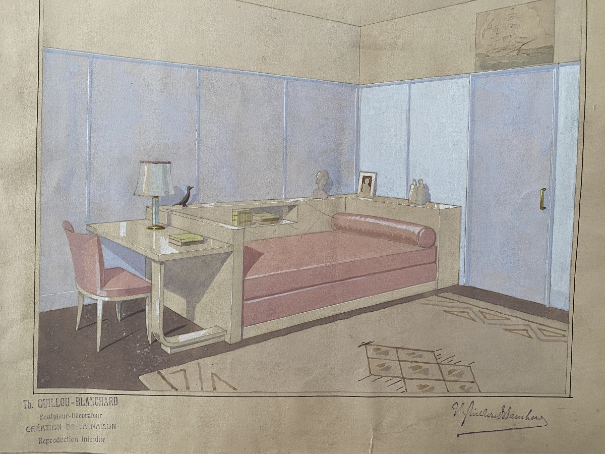Ensemble de cinq projets d’architecture intérieure. Gouache. Th. Guillou-Blanchard. Début XXème-photo-5