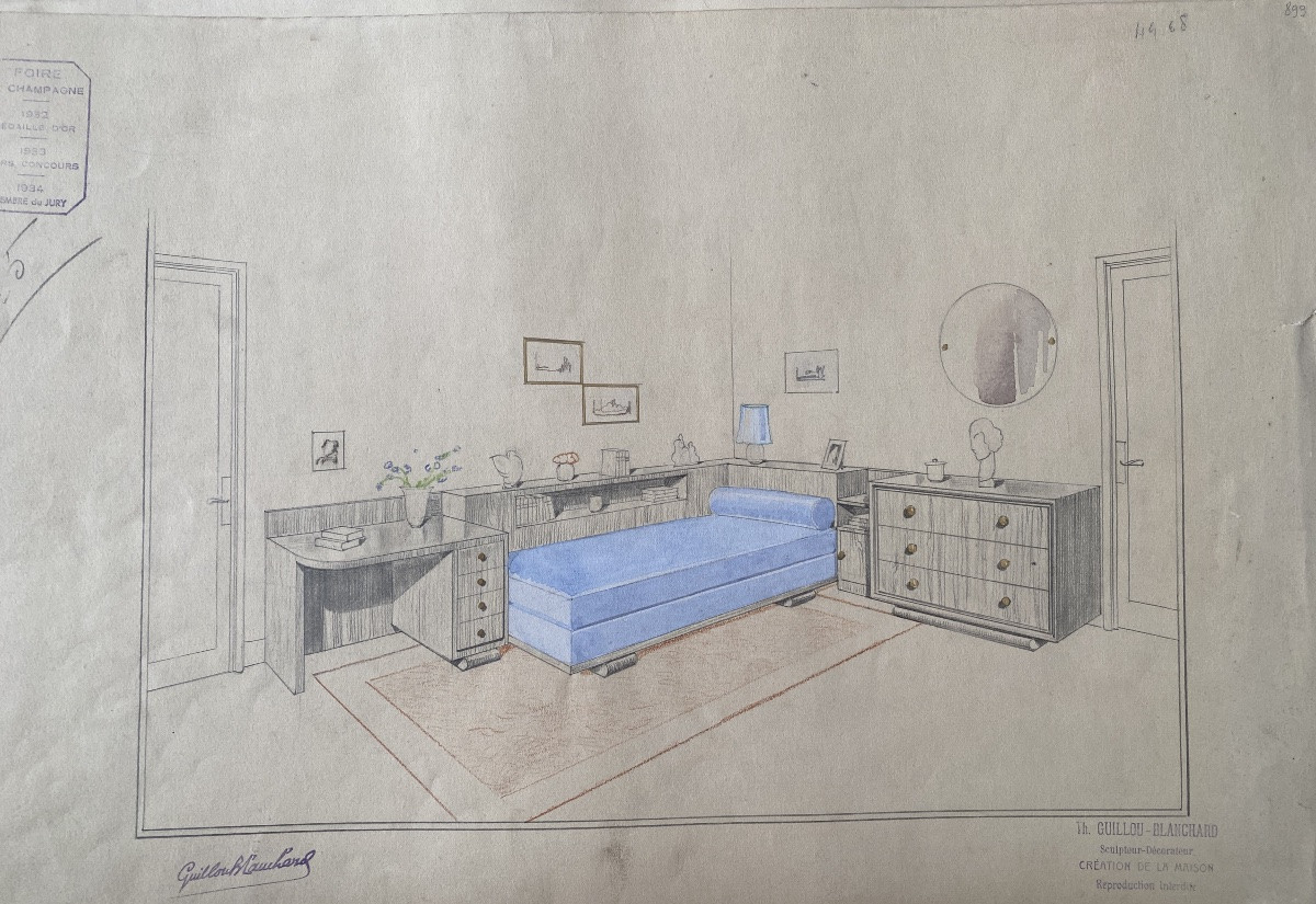 Ensemble de cinq projets d’architecture intérieure. Gouache. Th. Guillou-Blanchard. Début XXème-photo-7