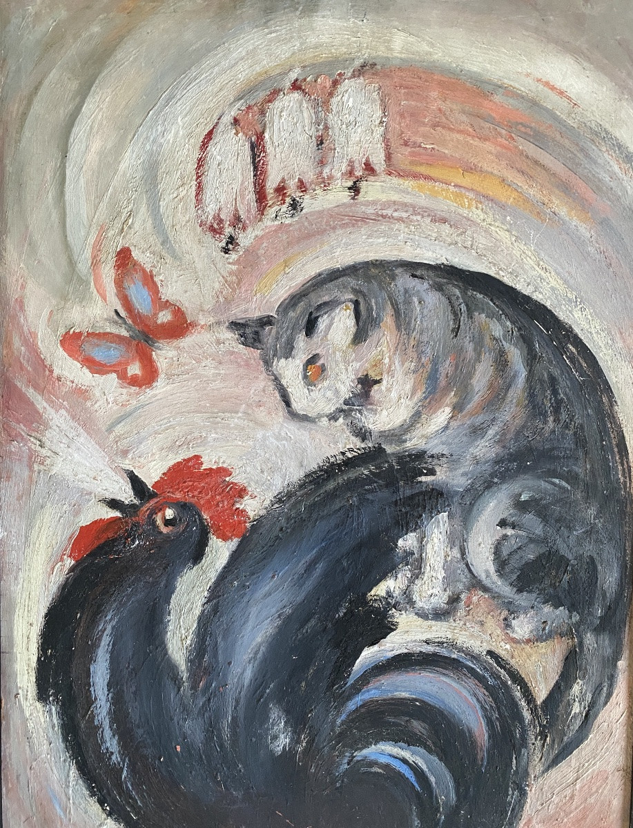 “ The Rooster, The Cat And The Mouse”. Framed Oil On Panel. Early 20th Century. School-photo-3
