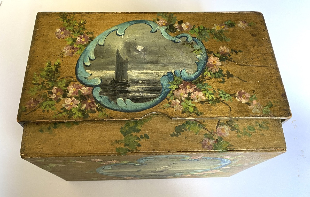 19th Wooden Box Painted. Oil On Canvas Decorations Of Landscapes And Flowers. -photo-2