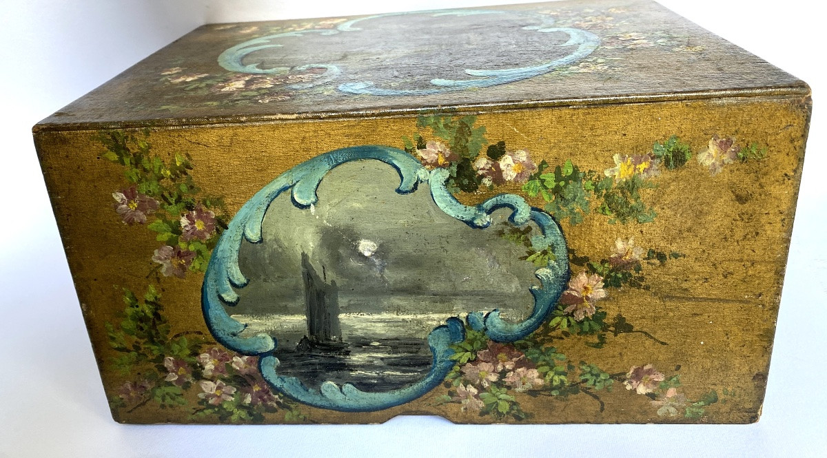 19th Wooden Box Painted. Oil On Canvas Decorations Of Landscapes And Flowers. -photo-3