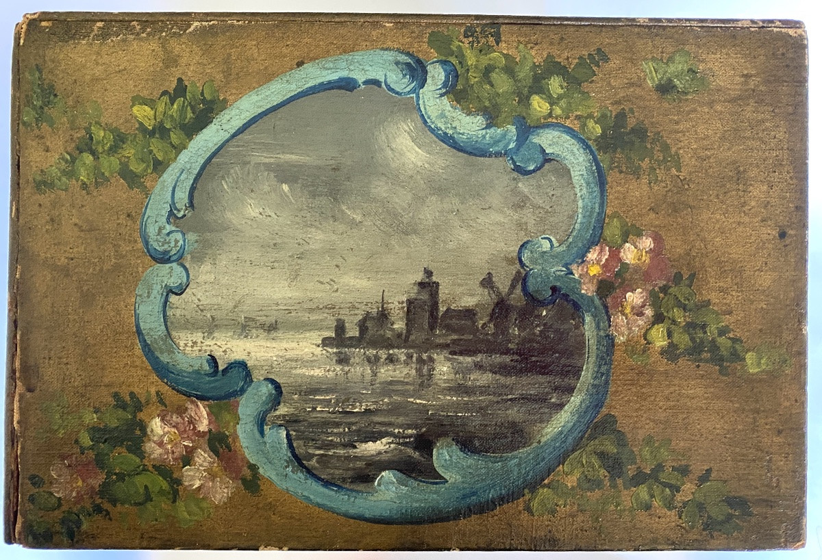 19th Wooden Box Painted. Oil On Canvas Decorations Of Landscapes And Flowers. -photo-4