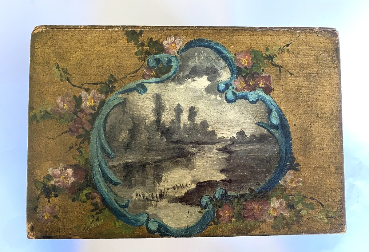 19th Wooden Box Painted. Oil On Canvas Decorations Of Landscapes And Flowers. -photo-1