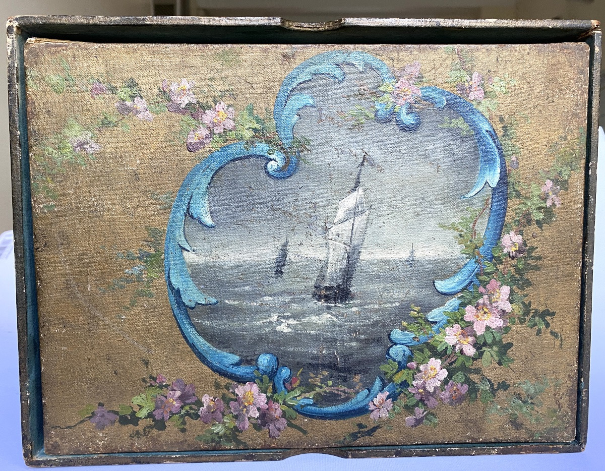19th Wooden Box Painted. Oil On Canvas Decorations Of Landscapes And Flowers. -photo-3