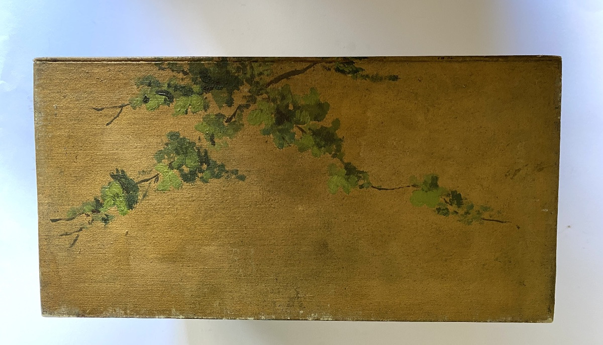 19th Wooden Box Painted. Oil On Canvas Decorations Of Landscapes And Flowers. -photo-4