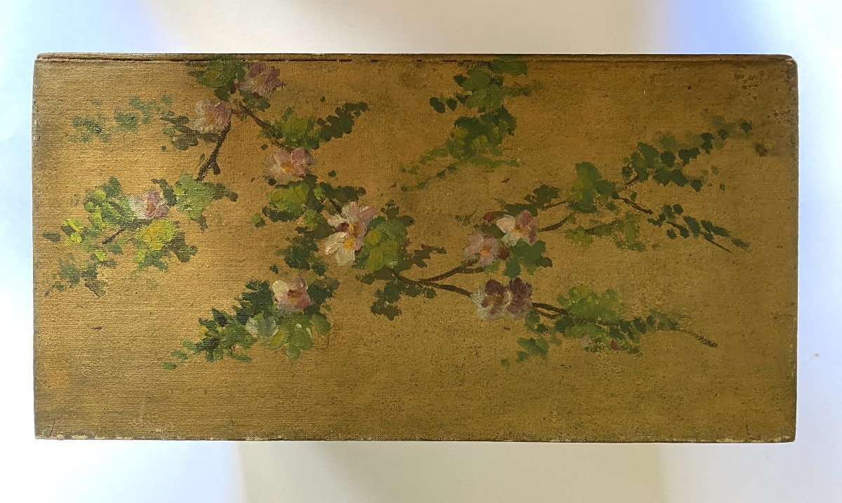 19th Wooden Box Painted. Oil On Canvas Decorations Of Landscapes And Flowers. -photo-5
