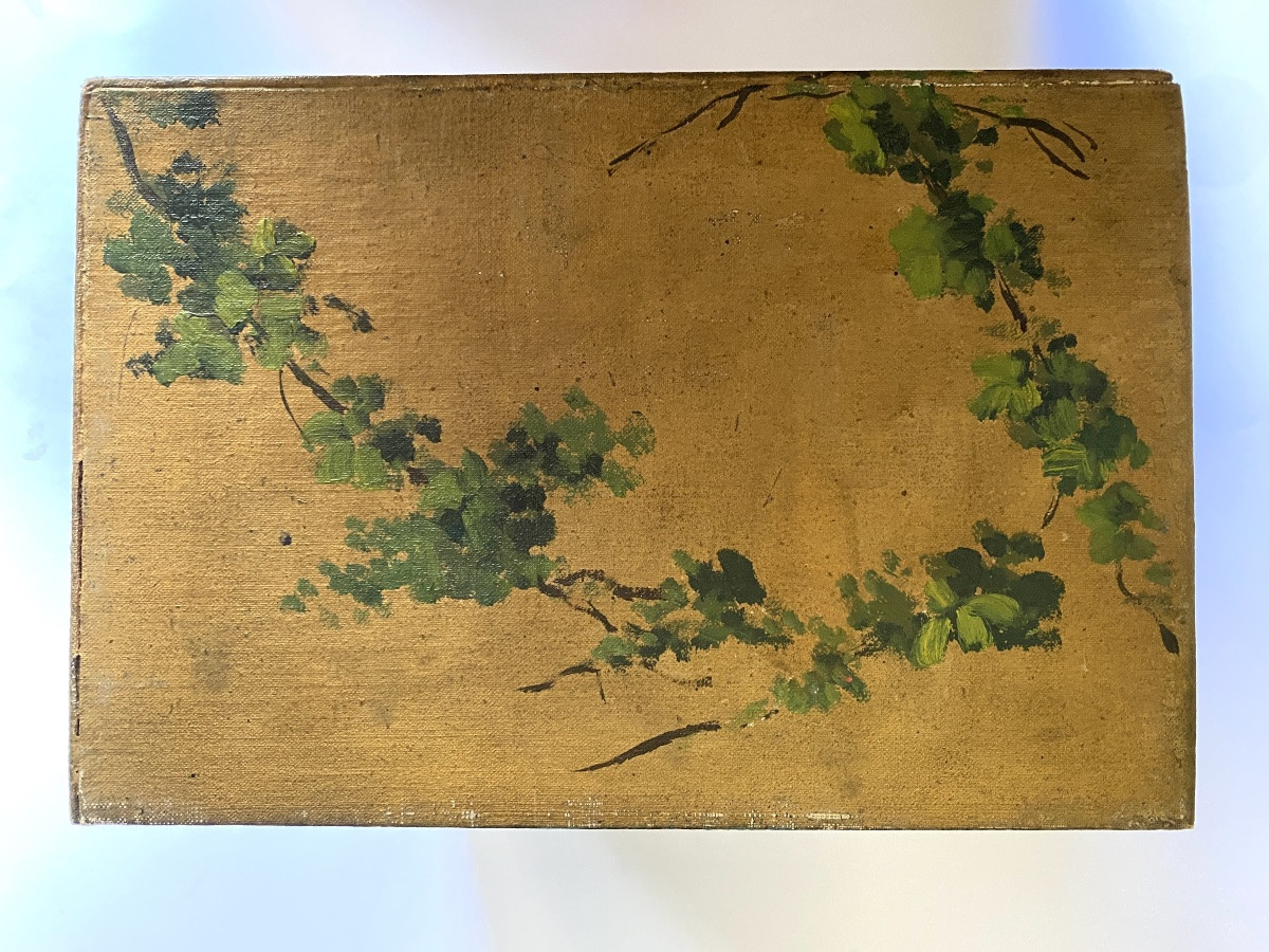 19th Wooden Box Painted. Oil On Canvas Decorations Of Landscapes And Flowers. -photo-7