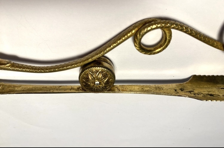 Early 19th Century Gilt Brass Sugar Tongs. Snake And Acorn On An Arrow. -photo-2