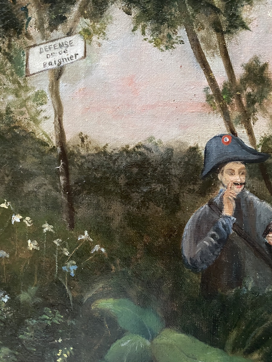 " Swimming Prohibited." Framed Oil On Canvas. 19th  Naive Painting. Michel. -photo-4
