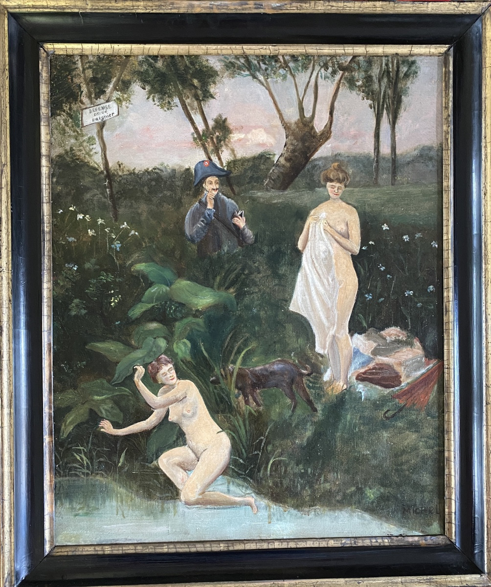 " Swimming Prohibited." Framed Oil On Canvas. 19th  Naive Painting. Michel. 