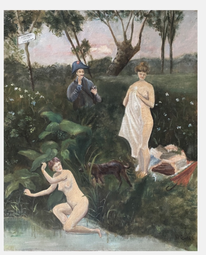 " Swimming Prohibited." Oil On Canvas. 19th  Naive Painting. Michel. 