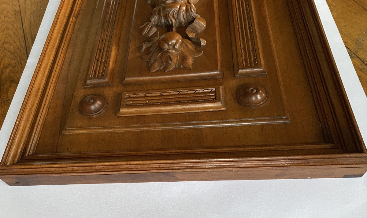 Panneau décoratif  en noyer sculpté.  Décor tête de Satan / diable. France  XIXème. -photo-3