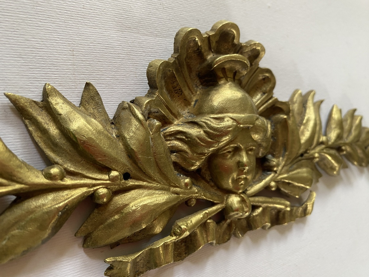 19th Decorative Bronze Pediment. Head Of Minerva, Shell And Laurel Branches. -photo-3