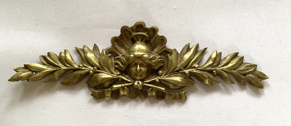 19th Decorative Bronze Pediment. Head Of Minerva, Shell And Laurel Branches. 