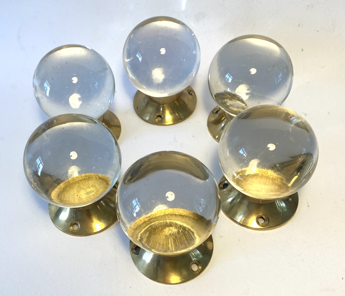 Set Of Six Glass And Brass Handles For Doors Or Drawers. France, Early 20th Century. -photo-2