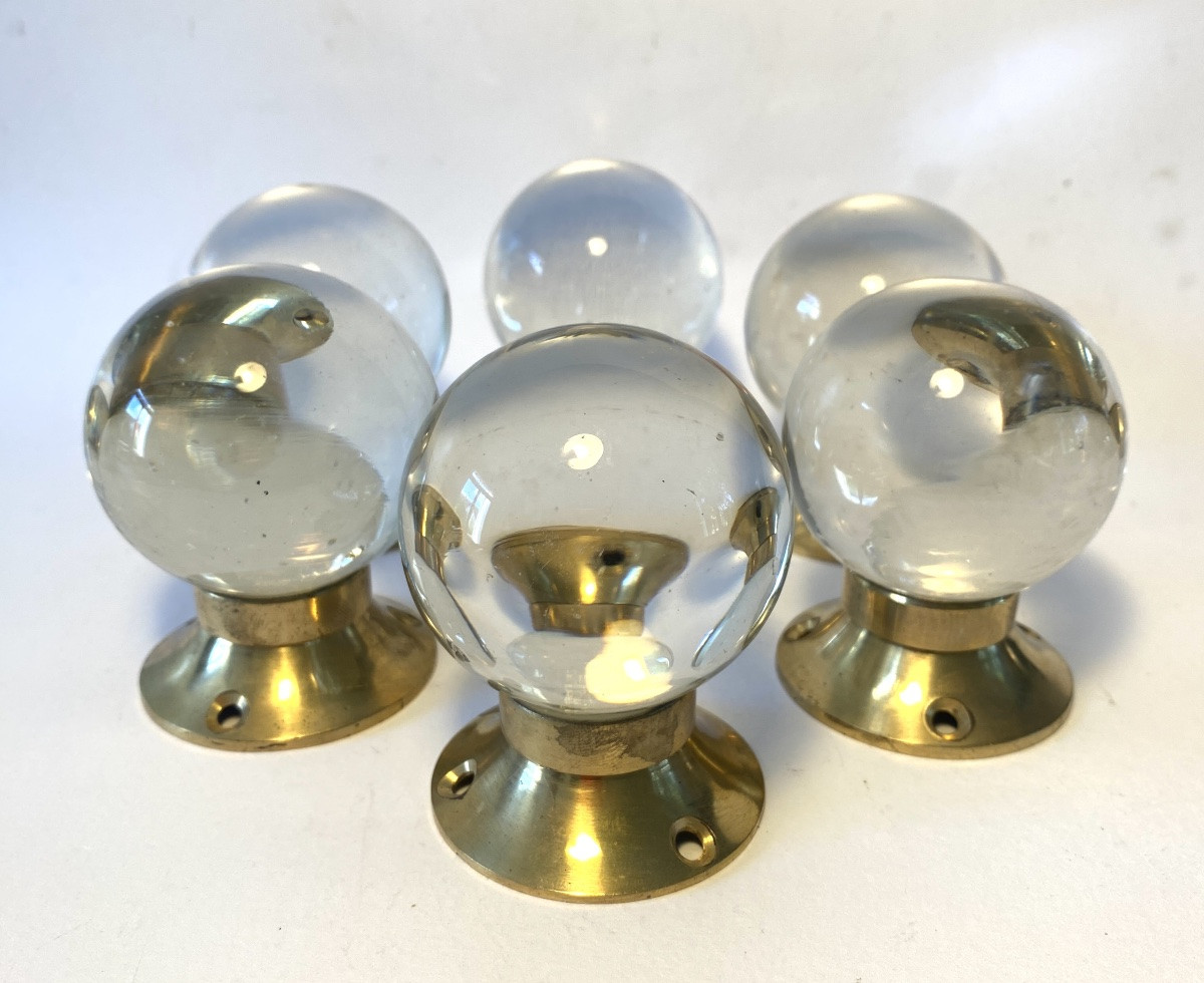 Set Of Six Glass And Brass Handles For Doors Or Drawers. France, Early 20th Century. -photo-3