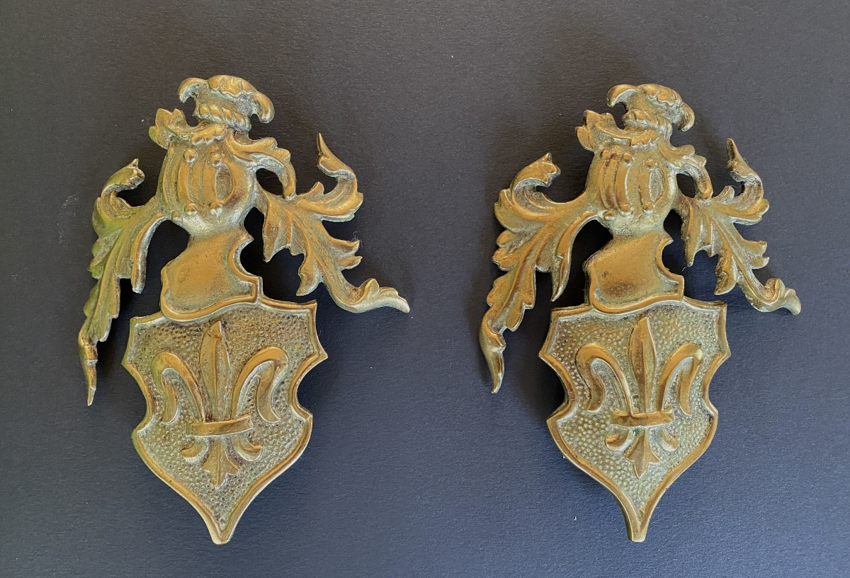 19th Century Ornamental Bronzes. Coat Of Arms, Variegated Helmet And Fleur-de-lis. 