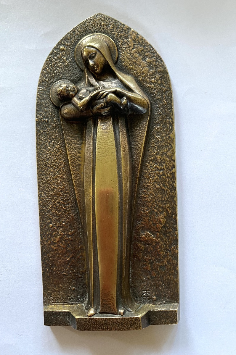 Maria Caullet-nantard. Virgin And Child. Art Deco Bronze Bas-relief. -photo-2