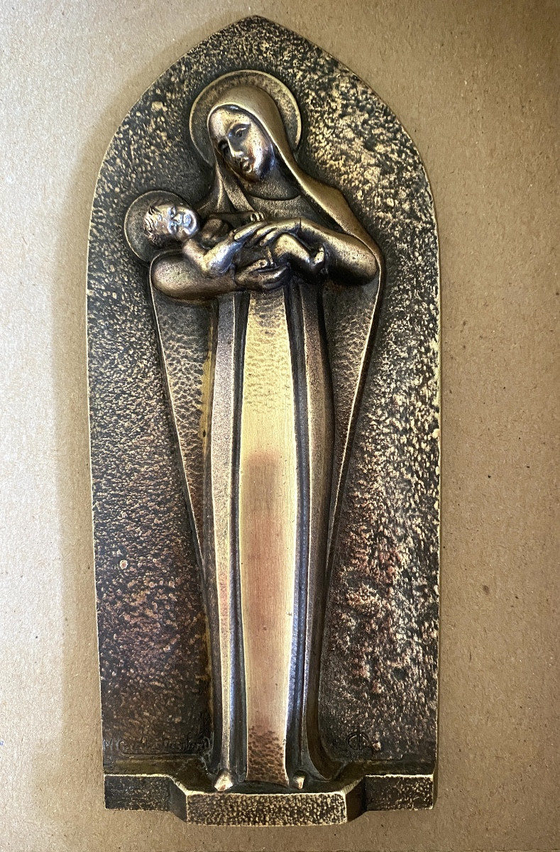 Maria Caullet-nantard. Virgin And Child. Art Deco Bronze Bas-relief. 
