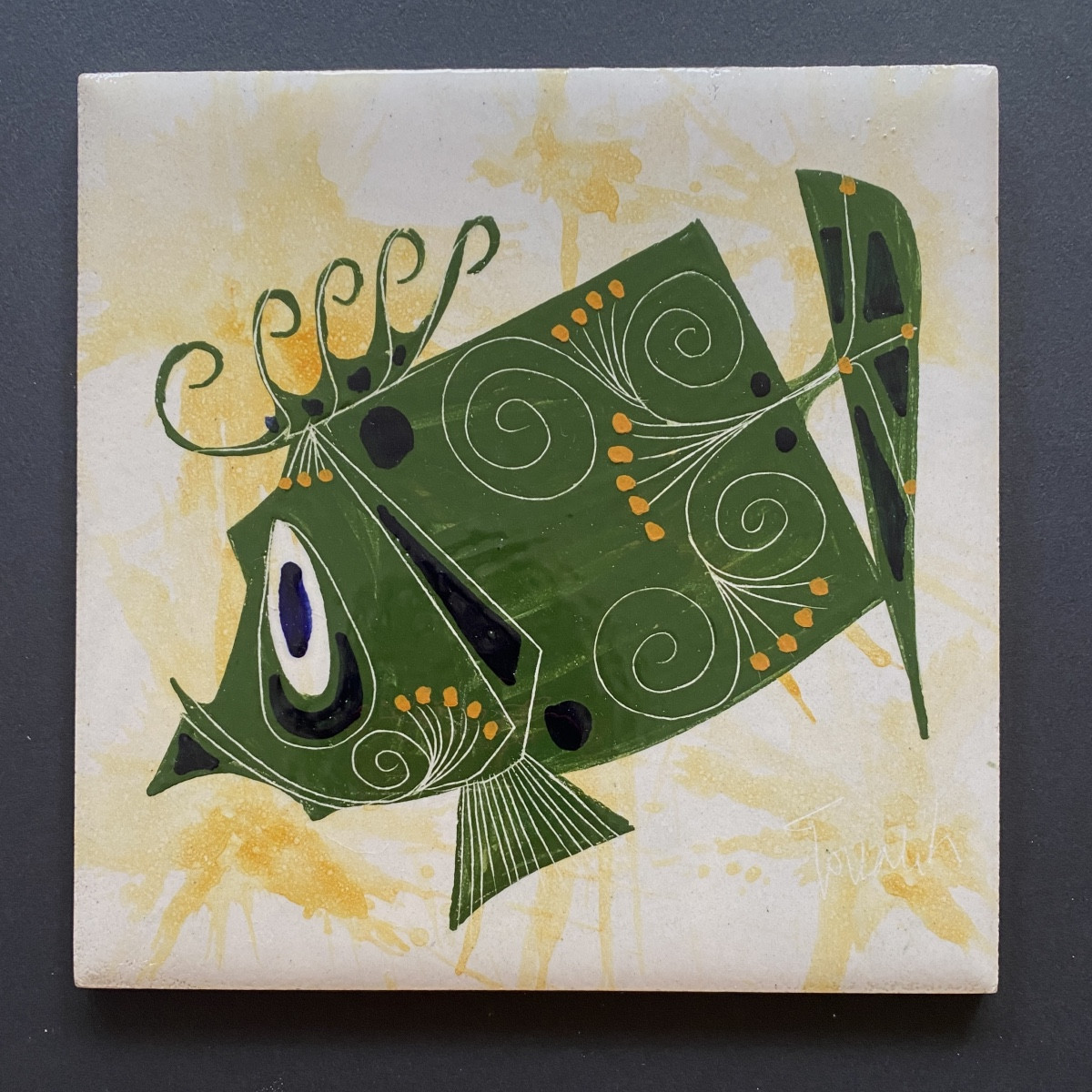 Decorative Enameled Ceramic Tile. Desvres, Mid-20th. Stylized Fish.