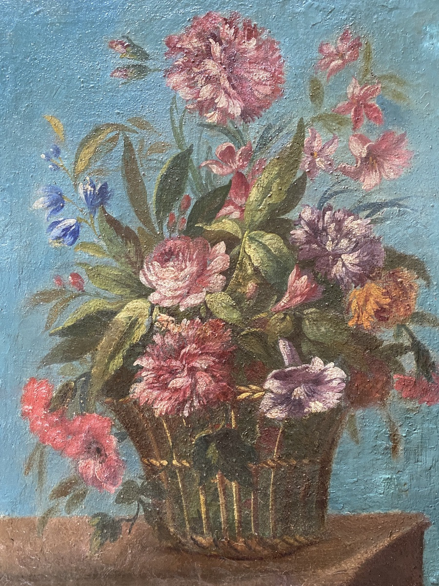 Berthe Mouchette. « Corbeille de fleurs ». Huile sur toile  fin XIXème.-photo-2