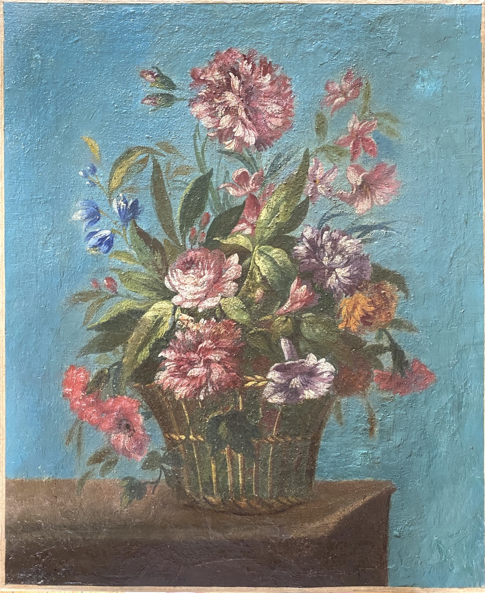 Berthe Mouchette. « Corbeille de fleurs ». Huile sur toile  fin XIXème.