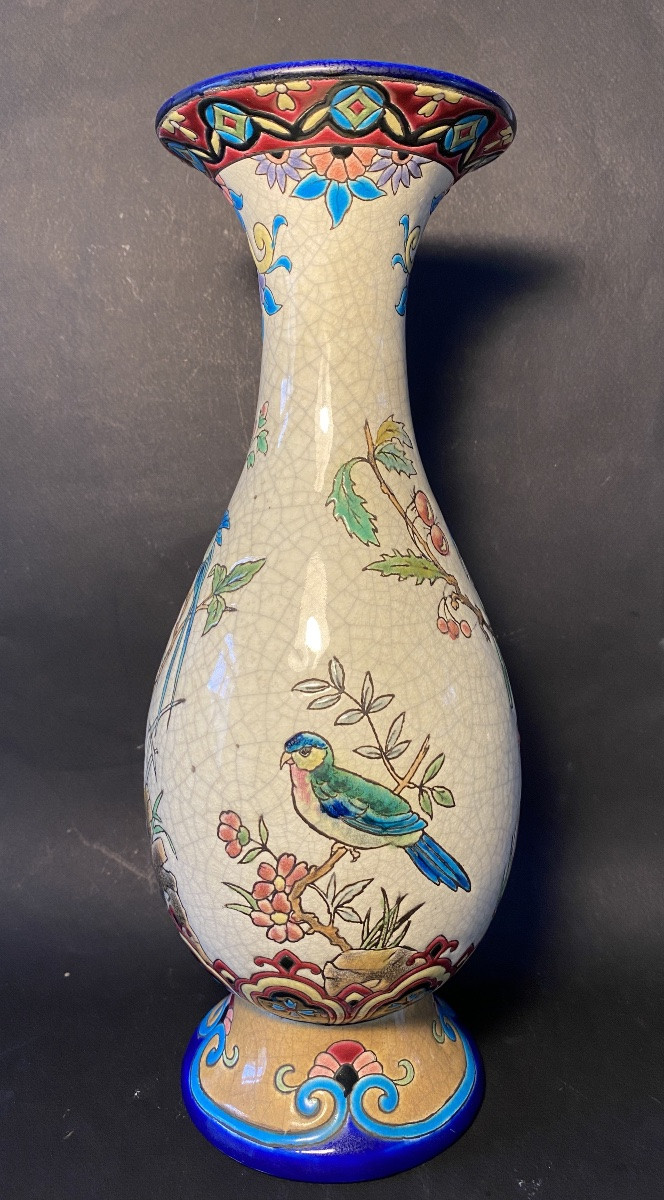 Glazed Earthenware Vase From Longwy. Late 19th Century. Decorated With Birds And Flowering Branches. -photo-3