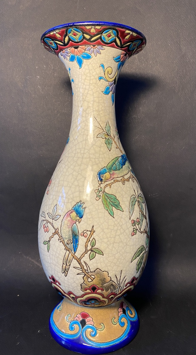 Glazed Earthenware Vase From Longwy. Late 19th Century. Decorated With Birds And Flowering Branches. 